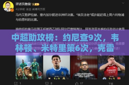 中超助攻榜:约尼查9次,韦林顿、米特里策6次,克雷桑、瓦科5次 中超助攻榜:约尼查9次,韦林顿、米特里策6次,克雷桑、瓦科5次